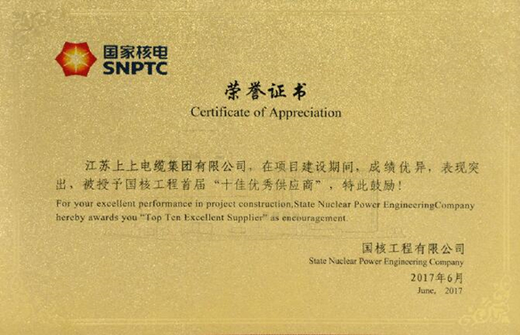 新宝GG电缆荣获国核工程首届“十佳优异供应商”称呼